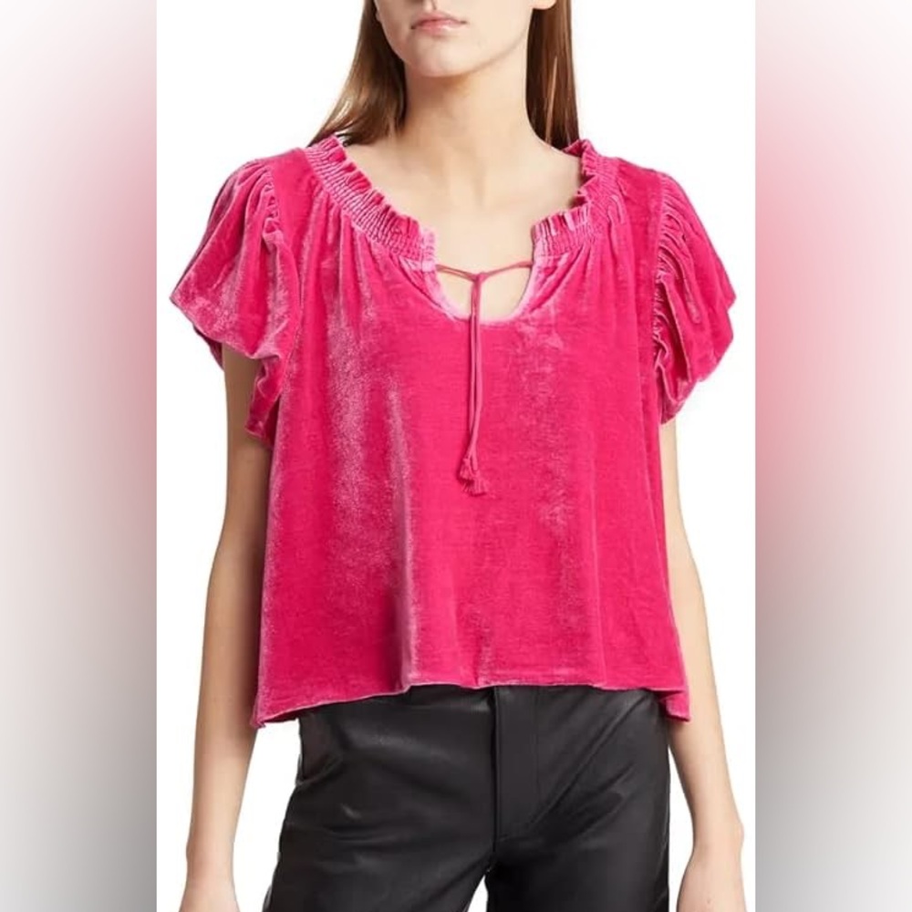 Free People Womens Puffed Sleeves Velvet Cropped Pink
